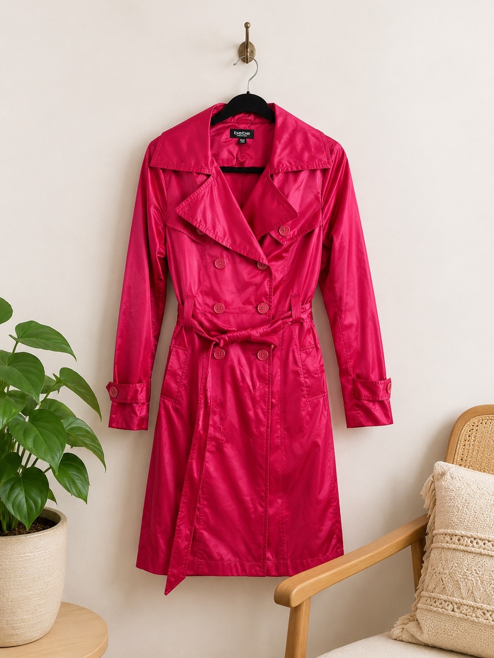 Bebe Candy Pink Satin Trench‎ Rain Coat Belted Button Up Sz M Statement Bright